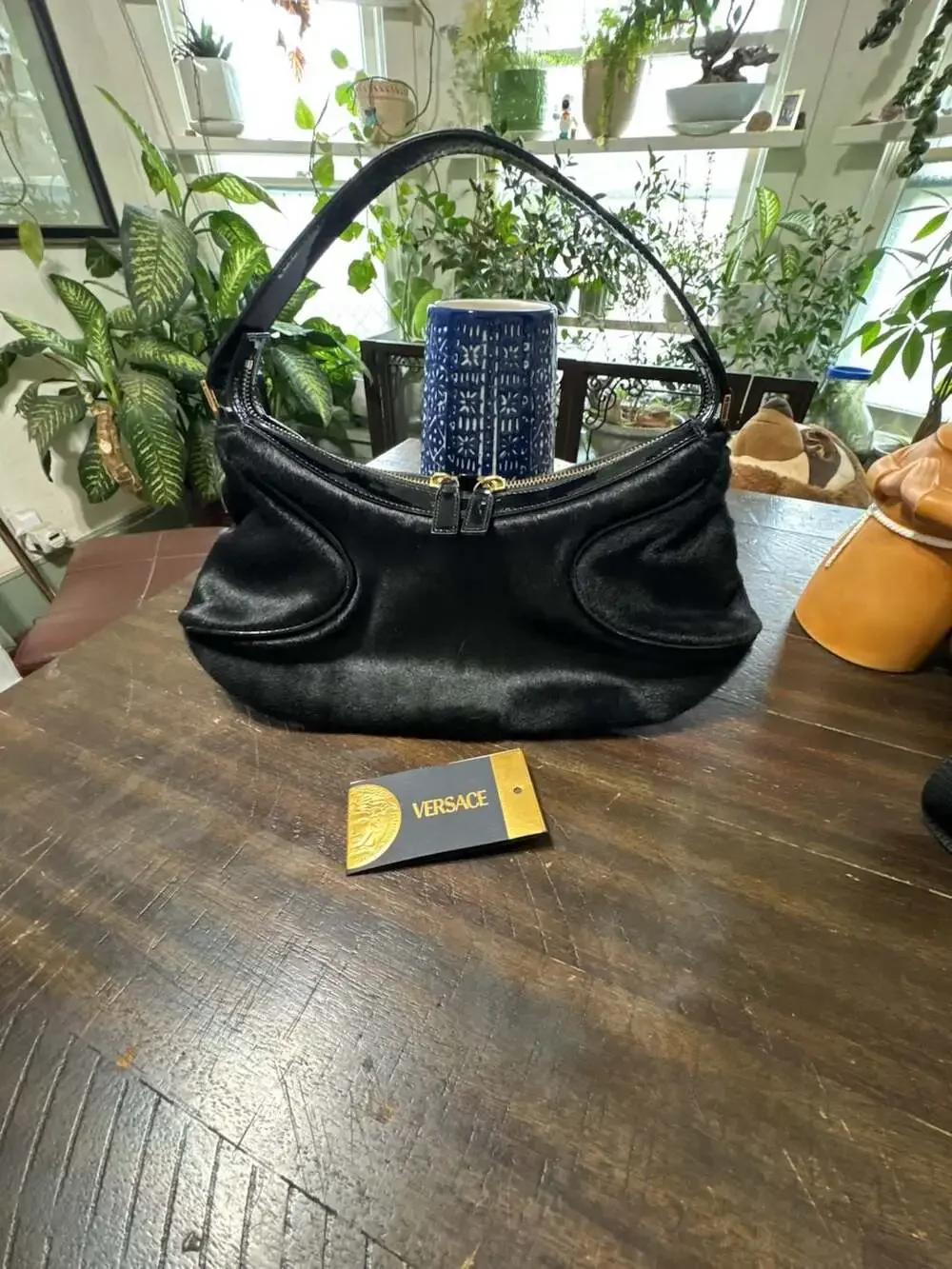 Versace Black Pony Hair And Patent Leather Hobo Handbag